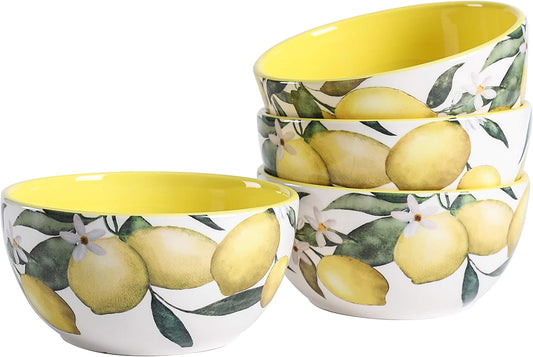 Lemon Dreams Cereal Bowls Set of 4, 26 oz Deep Ceramic Soup Bowls for Cereal, Salad, Noodles, Kitchen, Microwave and Dishwasher Safe, Gift for Housewarming and Thanksgiving