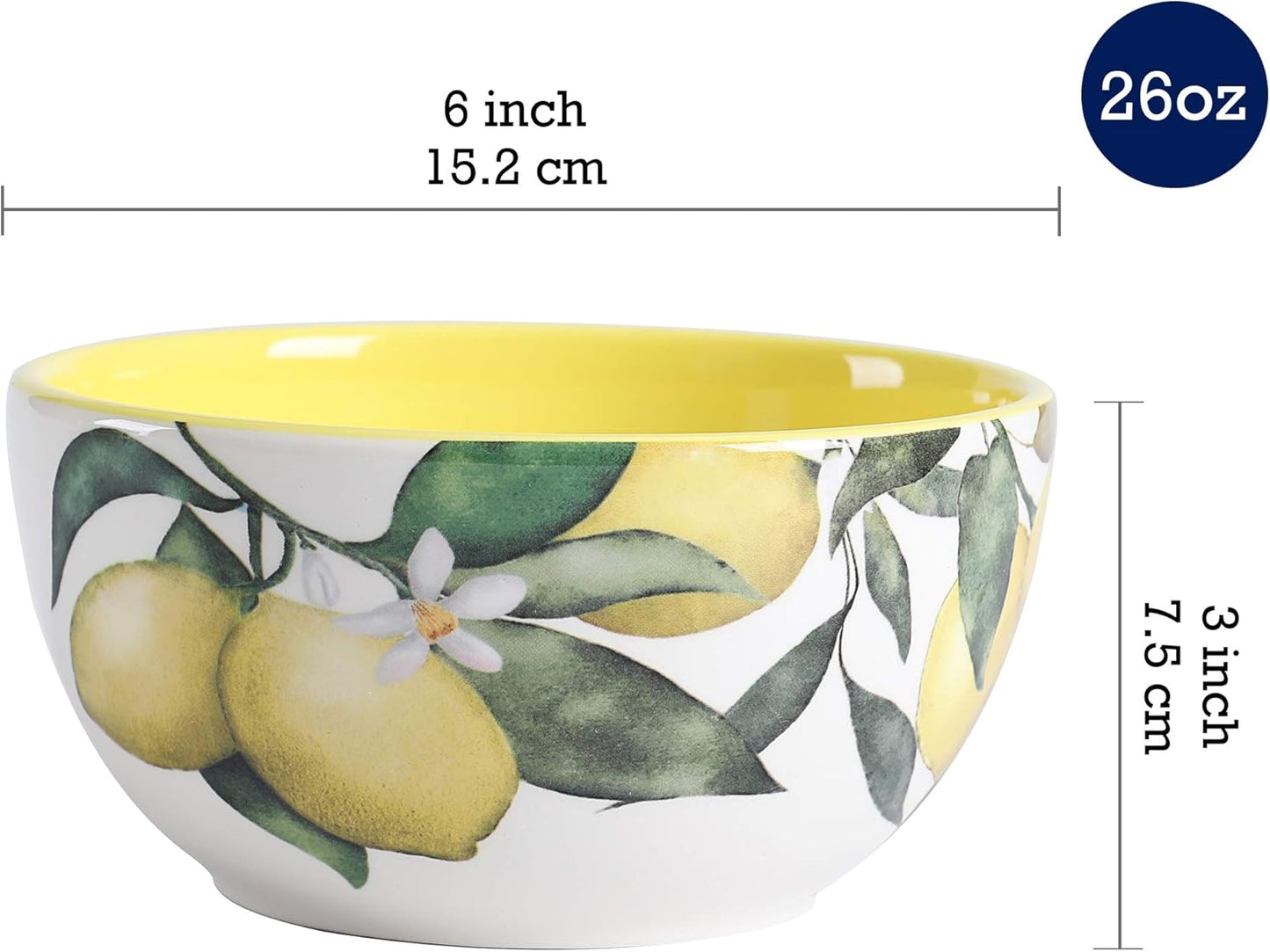 Lemon Dreams Cereal Bowls Set of 4, 26 oz Deep Ceramic Soup Bowls for Cereal, Salad, Noodles, Kitchen, Microwave and Dishwasher Safe, Gift for Housewarming and Thanksgiving