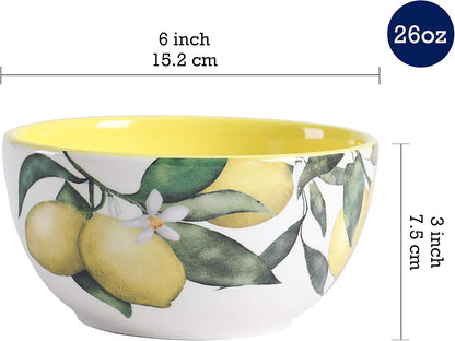 Lemon Dreams Cereal Bowls Set of 4, 26 oz Deep Ceramic Soup Bowls for Cereal, Salad, Noodles, Kitchen, Microwave and Dishwasher Safe, Gift for Housewarming and Thanksgiving