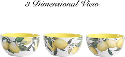 Lemon Dreams Cereal Bowls Set of 4, 26 oz Deep Ceramic Soup Bowls for Cereal, Salad, Noodles, Kitchen, Microwave and Dishwasher Safe, Gift for Housewarming and Thanksgiving