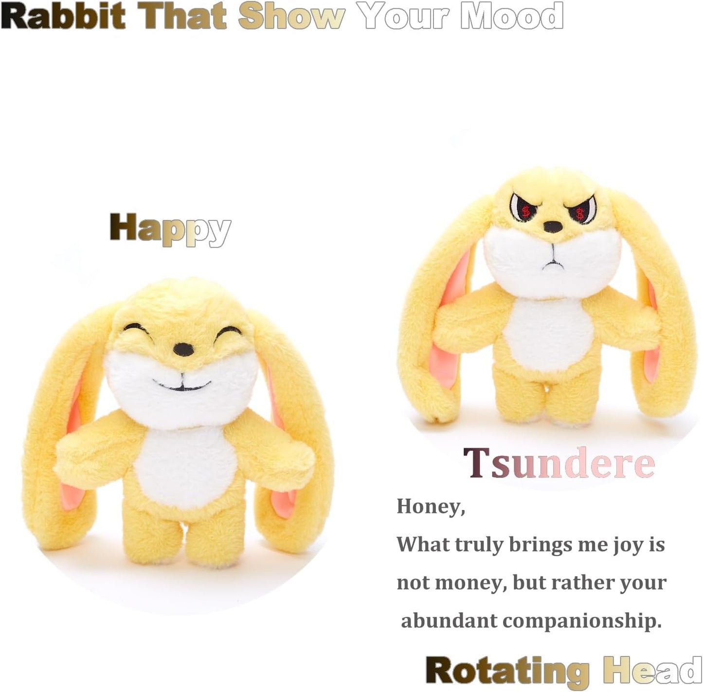 Bunny Plush Toy Stuffed Animal Funny Rotating Head Rabbit Plush Pillows Toy Cute Sensory Soft Stuffed Animals Doll That Show Your Mood Stuffed Bunny For Easter Christmas Birthday Gift，11in(Yellow)