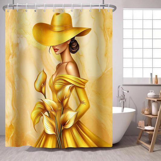 African American Shower Curtain Black Woman Golden Calla Lily Flower on Yellow Marble,Elegant Waterproof Fabric Shower Curtains for Bathroom Weighted 72x72 in
