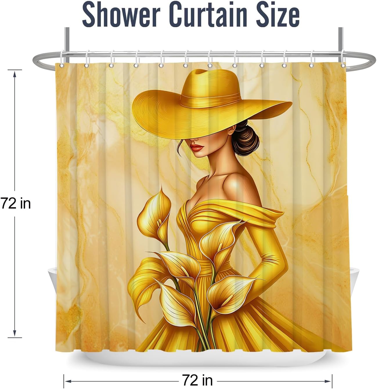 African American Shower Curtain Black Woman Golden Calla Lily Flower on Yellow Marble,Elegant Waterproof Fabric Shower Curtains for Bathroom Weighted 72x72 in