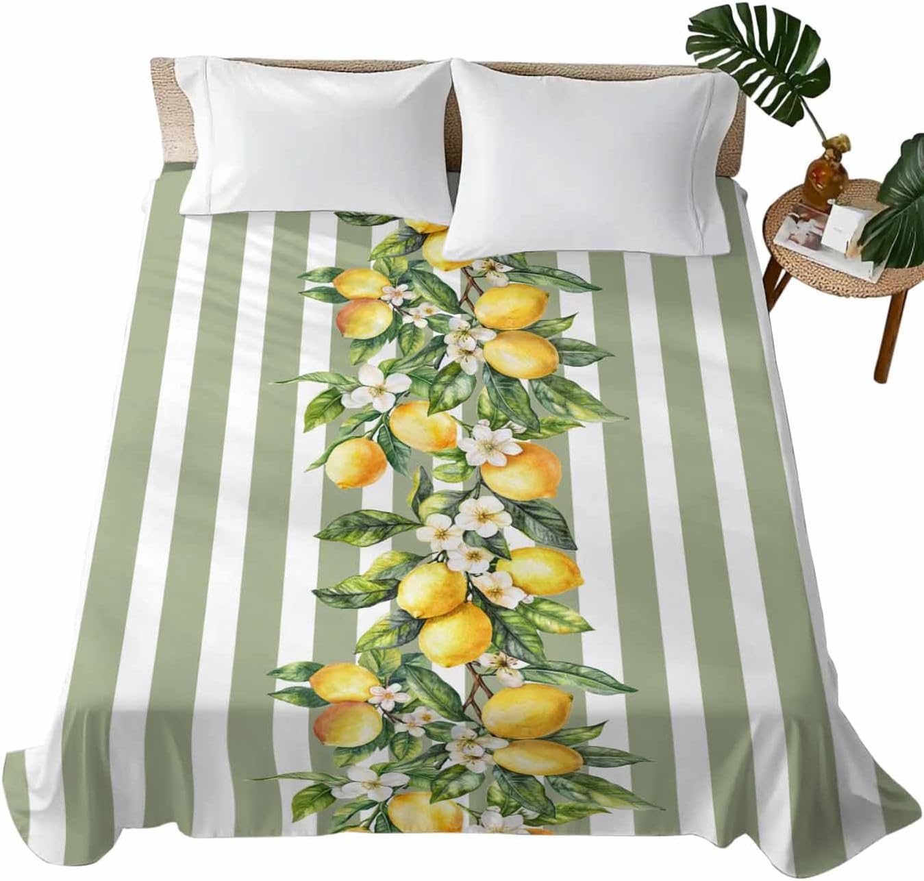 Lemon Striped Flat Bed Sheet Queen Size for Queen Mattress, Microfiber Bedding Top Sheets Deep Pocket for All Seasons, Sage Green Geometric Yellow Floral Leaf Soft & Breathable Hotel Quality