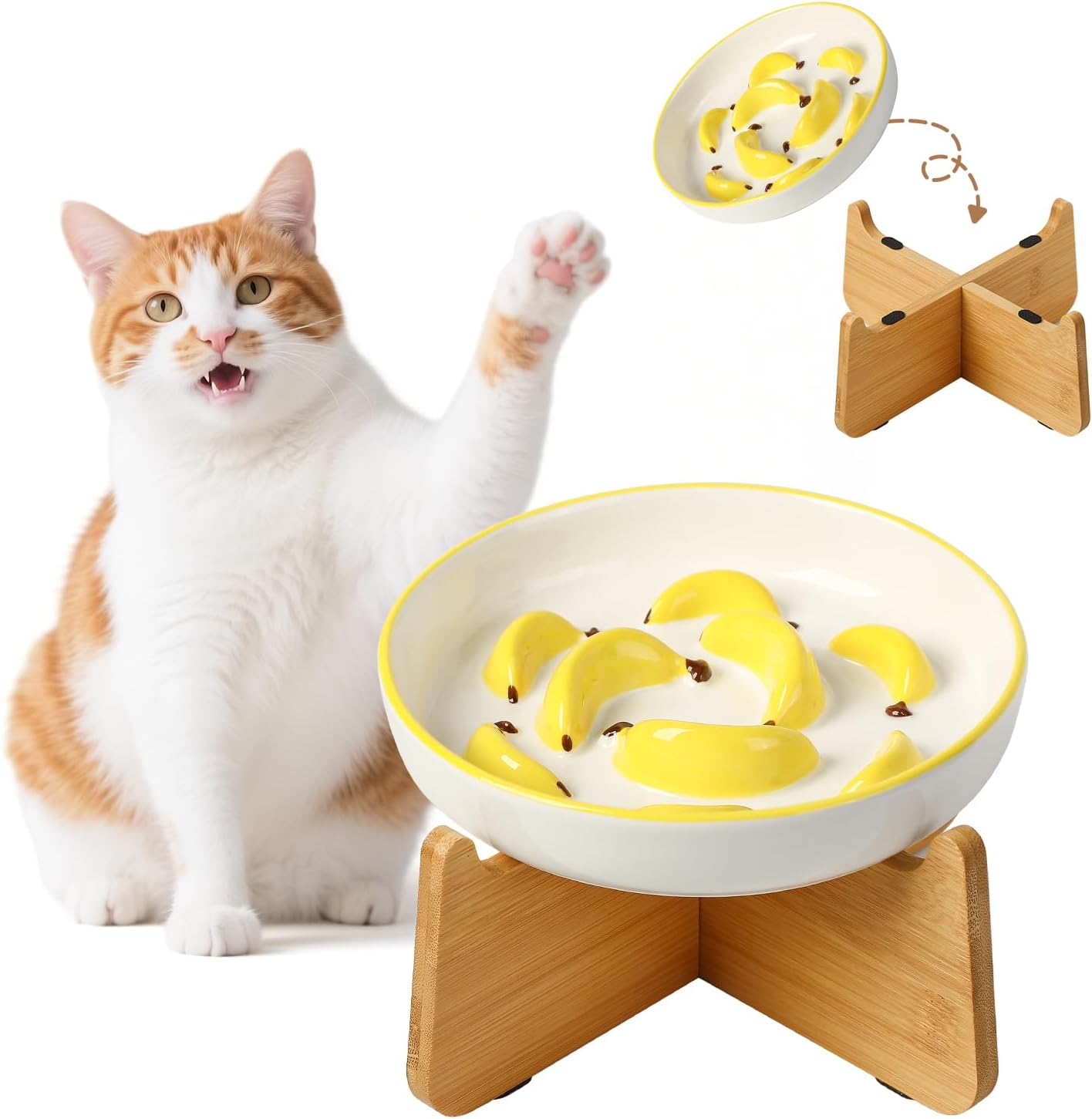 Ceramic Slow Feeder Cat Bowl, 6.3'' Wide Whisker Friendly Cat Puzzle Feeder | Slow Eating 5x, Anti Vomit Shallow Slow Eating Cat Dish for Dry and Wet Food, Contrasting Colors, 6.3" X 1.2"