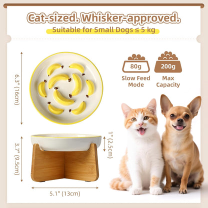 Ceramic Slow Feeder Cat Bowl, 6.3'' Wide Whisker Friendly Cat Puzzle Feeder | Slow Eating 5x, Anti Vomit Shallow Slow Eating Cat Dish for Dry and Wet Food, Contrasting Colors, 6.3" X 1.2"