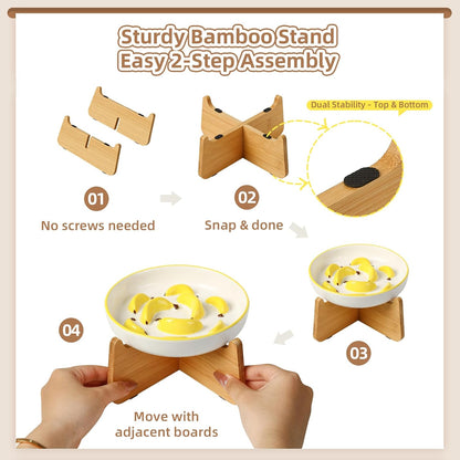 Ceramic Slow Feeder Cat Bowl, 6.3'' Wide Whisker Friendly Cat Puzzle Feeder | Slow Eating 5x, Anti Vomit Shallow Slow Eating Cat Dish for Dry and Wet Food, Contrasting Colors, 6.3" X 1.2"