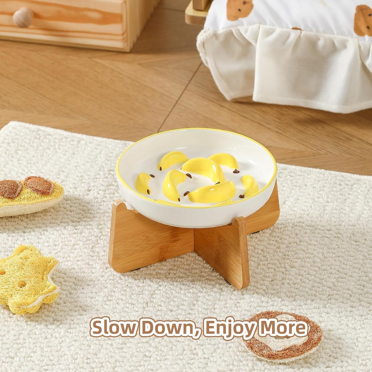 Ceramic Slow Feeder Cat Bowl, 6.3'' Wide Whisker Friendly Cat Puzzle Feeder | Slow Eating 5x, Anti Vomit Shallow Slow Eating Cat Dish for Dry and Wet Food, Contrasting Colors, 6.3" X 1.2"