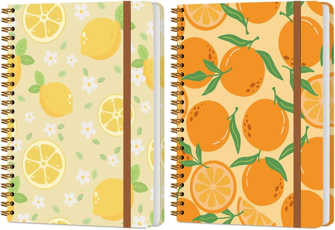 2Pcs Spiral Notebook, Lemon Orange College Ruled Spiral Notebook, Multi Subject Notebooks, 120 Ruled Pages Hardcover Journals for Writing Travel Business Office, Cute Notebooks for Women