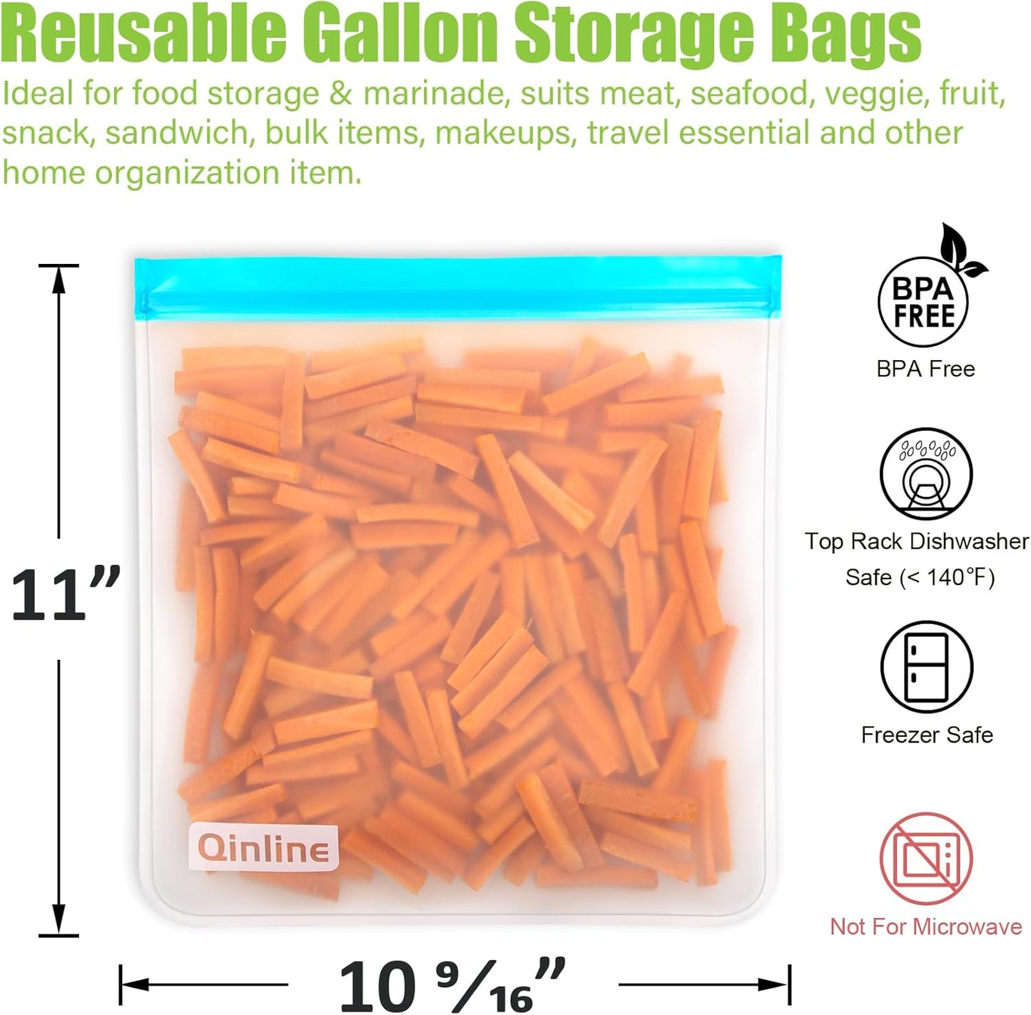 Reusable Gallon Food Storage Bags - 10 Pack Extra Thick Gallon Freezer Leakproof Plastic Free Lunch Bag