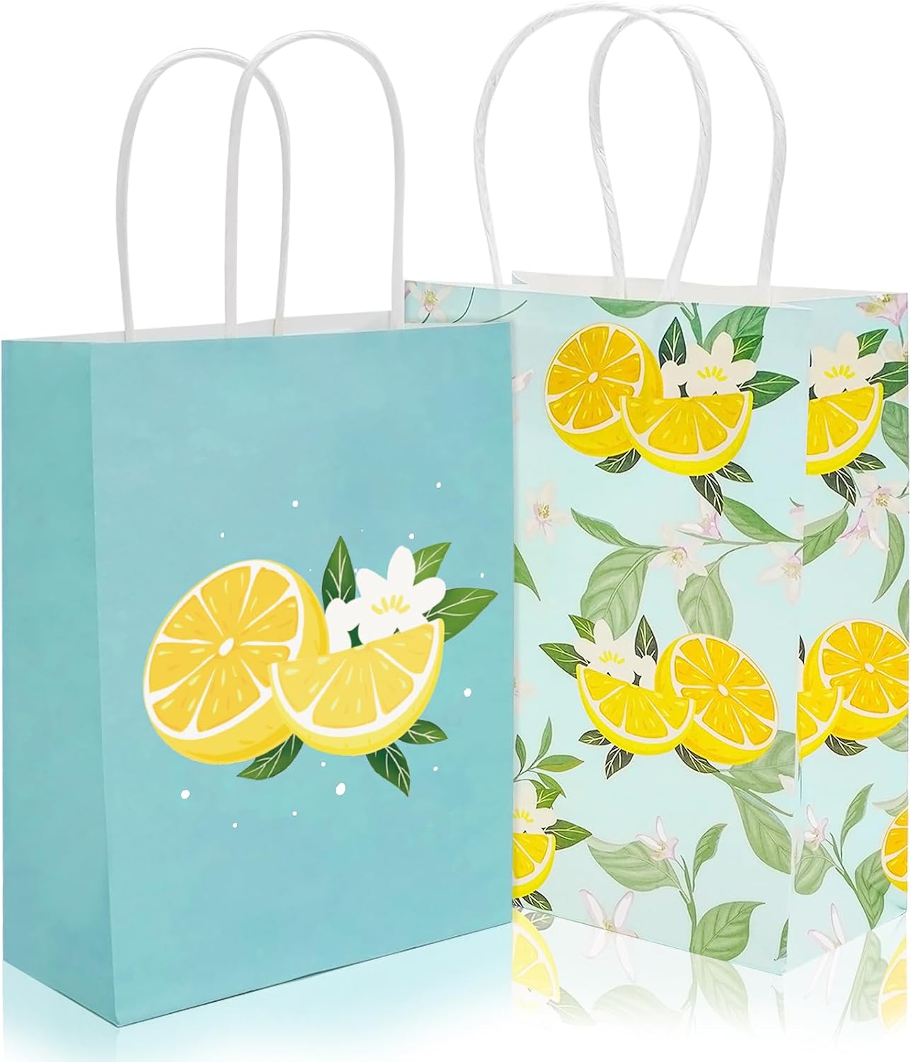 24Pcs Lemon Paper Gift Bags Summer Blue Floral Treat Candy Goodie Wrapping Bags with Handles Yellow Fruit Grocery Shopping Bag for Spring Baby Shower Wedding Party Supplies