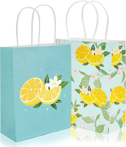 24Pcs Lemon Paper Gift Bags Summer Blue Floral Treat Candy Goodie Wrapping Bags with Handles Yellow Fruit Grocery Shopping Bag for Spring Baby Shower Wedding Party Supplies
