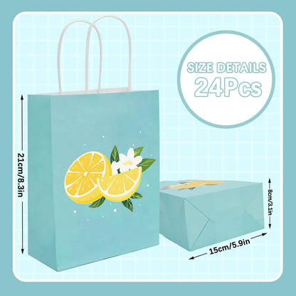 24Pcs Lemon Paper Gift Bags Summer Blue Floral Treat Candy Goodie Wrapping Bags with Handles Yellow Fruit Grocery Shopping Bag for Spring Baby Shower Wedding Party Supplies