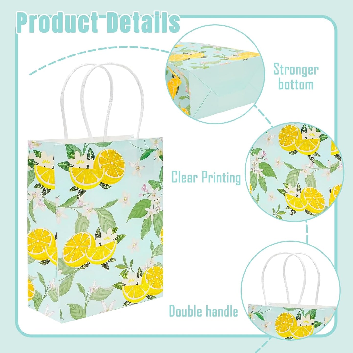 24Pcs Lemon Paper Gift Bags Summer Blue Floral Treat Candy Goodie Wrapping Bags with Handles Yellow Fruit Grocery Shopping Bag for Spring Baby Shower Wedding Party Supplies