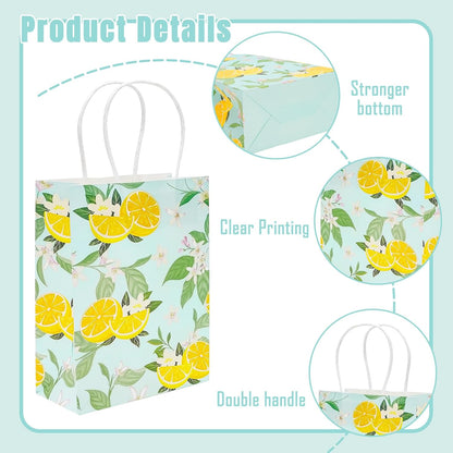 24Pcs Lemon Paper Gift Bags Summer Blue Floral Treat Candy Goodie Wrapping Bags with Handles Yellow Fruit Grocery Shopping Bag for Spring Baby Shower Wedding Party Supplies