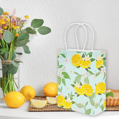 24Pcs Lemon Paper Gift Bags Summer Blue Floral Treat Candy Goodie Wrapping Bags with Handles Yellow Fruit Grocery Shopping Bag for Spring Baby Shower Wedding Party Supplies