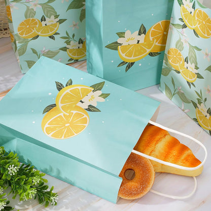 24Pcs Lemon Paper Gift Bags Summer Blue Floral Treat Candy Goodie Wrapping Bags with Handles Yellow Fruit Grocery Shopping Bag for Spring Baby Shower Wedding Party Supplies