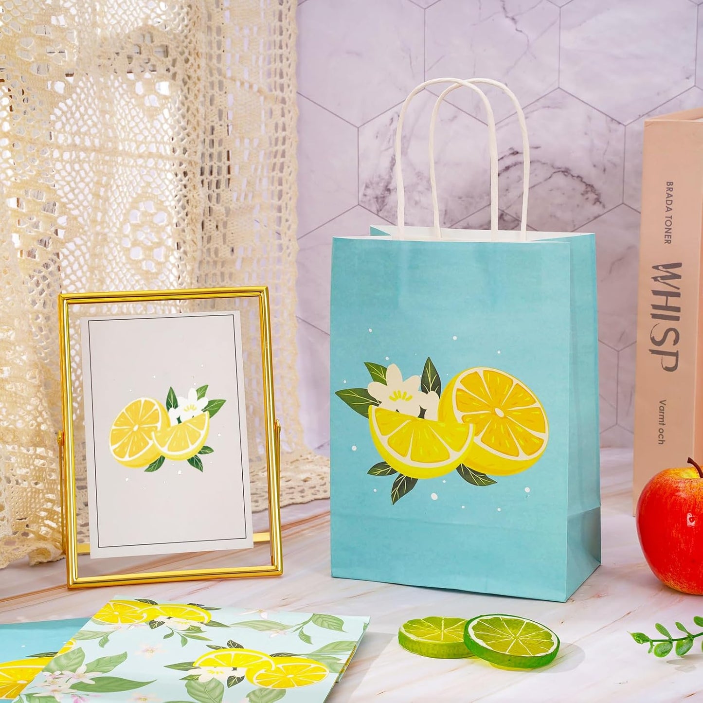 24Pcs Lemon Paper Gift Bags Summer Blue Floral Treat Candy Goodie Wrapping Bags with Handles Yellow Fruit Grocery Shopping Bag for Spring Baby Shower Wedding Party Supplies