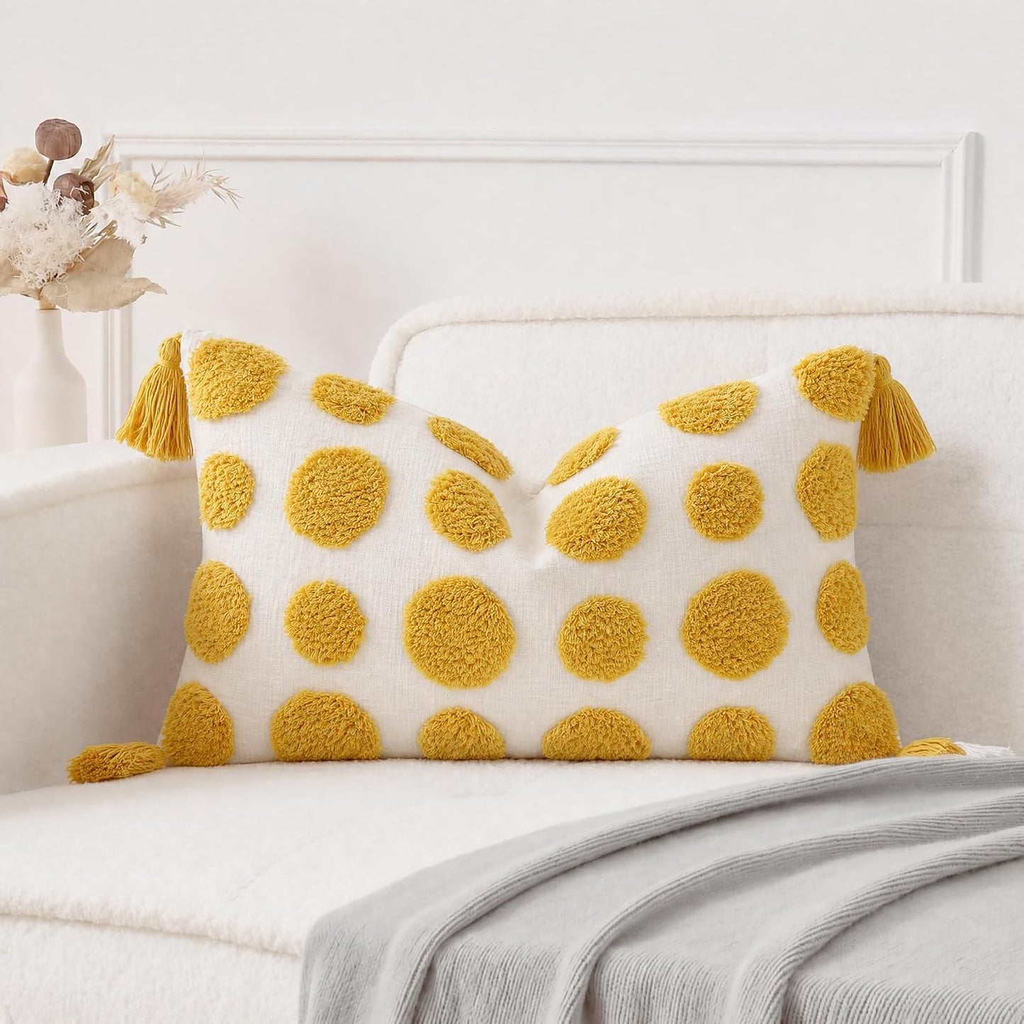 Super Soft Farmhouse Decorative Plush Throw Pillow Covers 12 x 20 Yellow,Solid Pom pom Tufted with Tassels Modern Accent Boho Lumbar Cushion Cover Pillow Case for Couch Sofa