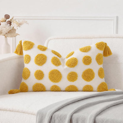 Super Soft Farmhouse Decorative Plush Throw Pillow Covers 12 x 20 Yellow,Solid Pom pom Tufted with Tassels Modern Accent Boho Lumbar Cushion Cover Pillow Case for Couch Sofa