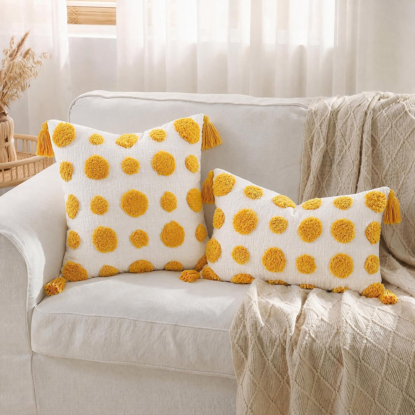 Super Soft Farmhouse Decorative Plush Throw Pillow Covers 12 x 20 Yellow,Solid Pom pom Tufted with Tassels Modern Accent Boho Lumbar Cushion Cover Pillow Case for Couch Sofa