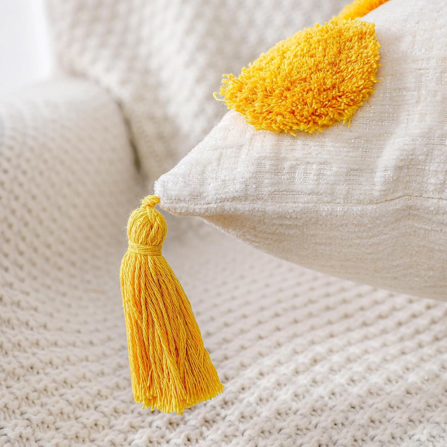 Super Soft Farmhouse Decorative Plush Throw Pillow Covers 12 x 20 Yellow,Solid Pom pom Tufted with Tassels Modern Accent Boho Lumbar Cushion Cover Pillow Case for Couch Sofa