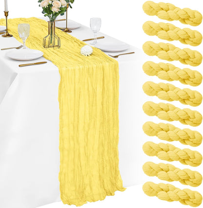 10 Pack Light Yellow Cheesecloth Table Runner 21x120 Inches Boho Gauze Table Runners, Rustic Semi Sheer Cheese Cloth Fabric for Easter Wedding Party Baby Shower, Long Vintage Table Runner for Dining