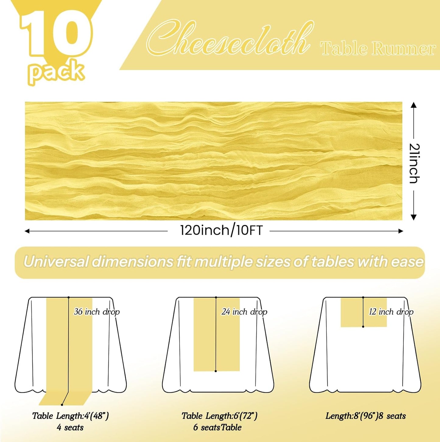 10 Pack Light Yellow Cheesecloth Table Runner 21x120 Inches Boho Gauze Table Runners, Rustic Semi Sheer Cheese Cloth Fabric for Easter Wedding Party Baby Shower, Long Vintage Table Runner for Dining