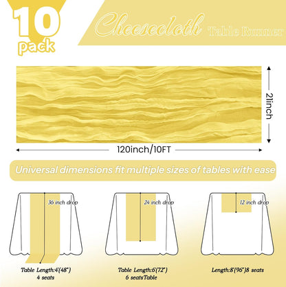 10 Pack Light Yellow Cheesecloth Table Runner 21x120 Inches Boho Gauze Table Runners, Rustic Semi Sheer Cheese Cloth Fabric for Easter Wedding Party Baby Shower, Long Vintage Table Runner for Dining