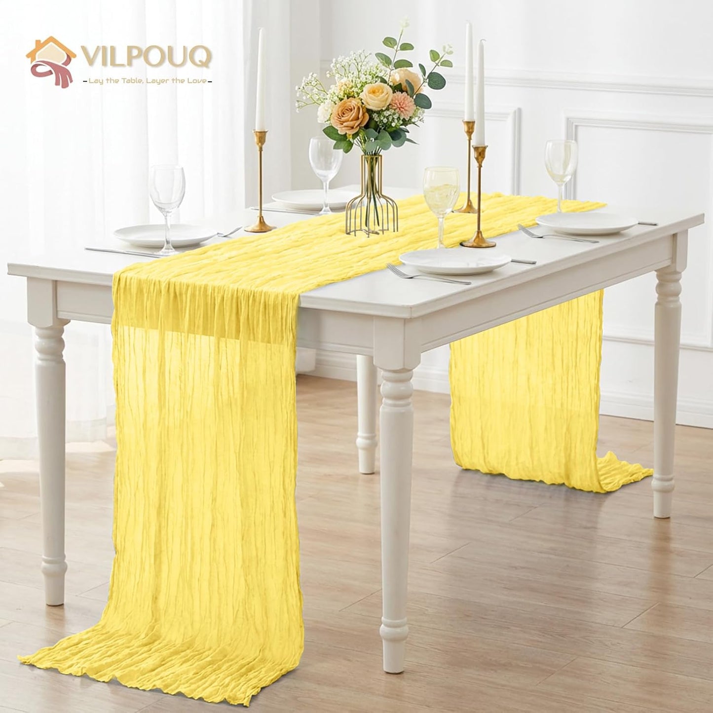 10 Pack Light Yellow Cheesecloth Table Runner 21x120 Inches Boho Gauze Table Runners, Rustic Semi Sheer Cheese Cloth Fabric for Easter Wedding Party Baby Shower, Long Vintage Table Runner for Dining