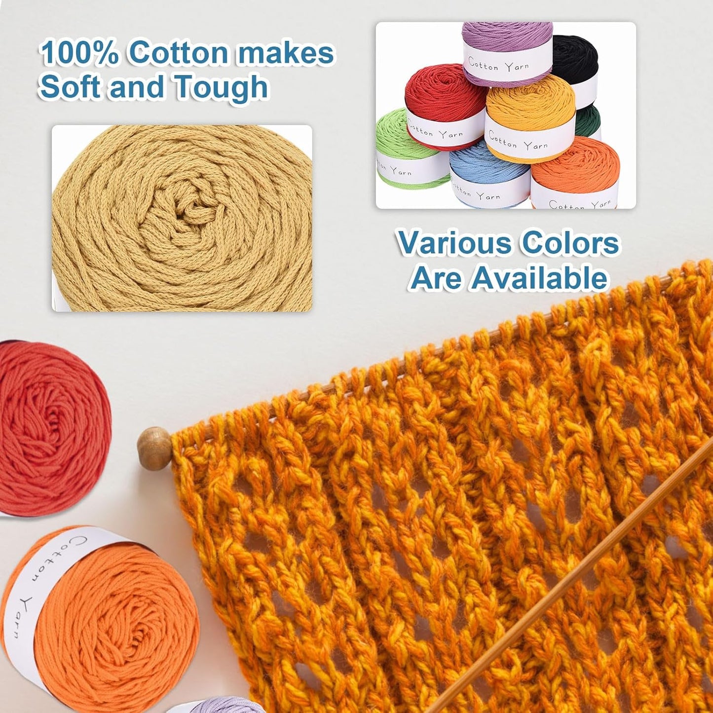 2 Skein Cotton Yarn, 100% Cotton Chunky Yarn for Hand Knitting, Blanket Yarn for Crocheting Each of 204g/7.20oz(Per Skein 150m/164 Yard)/Dark Yellow