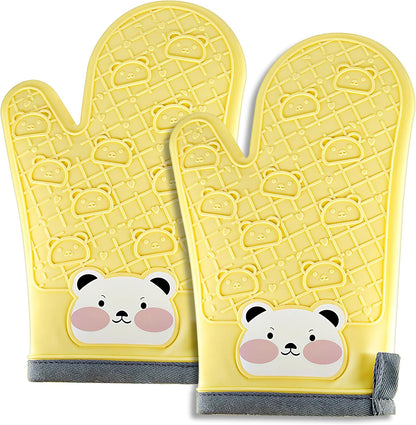 Silicone Oven Mitts Cute Bear - Non-Slip Kitchen Gloves for Baking & BBQ - Soft Cotton Lined, Waterproof & BPA-Free Potholders - Machine Washable & Heat Resistant up to 500°F - Yellow, 1 Pair