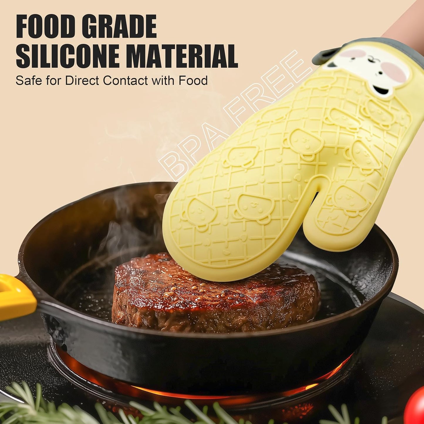 Silicone Oven Mitts Cute Bear - Non-Slip Kitchen Gloves for Baking & BBQ - Soft Cotton Lined, Waterproof & BPA-Free Potholders - Machine Washable & Heat Resistant up to 500°F - Yellow, 1 Pair