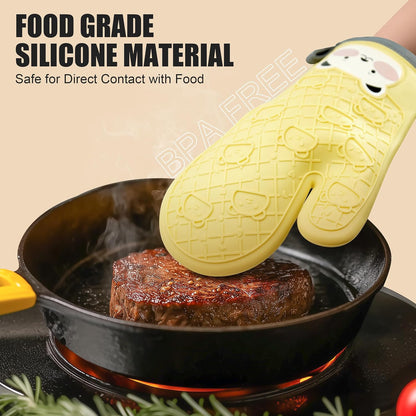 Silicone Oven Mitts Cute Bear - Non-Slip Kitchen Gloves for Baking & BBQ - Soft Cotton Lined, Waterproof & BPA-Free Potholders - Machine Washable & Heat Resistant up to 500°F - Yellow, 1 Pair