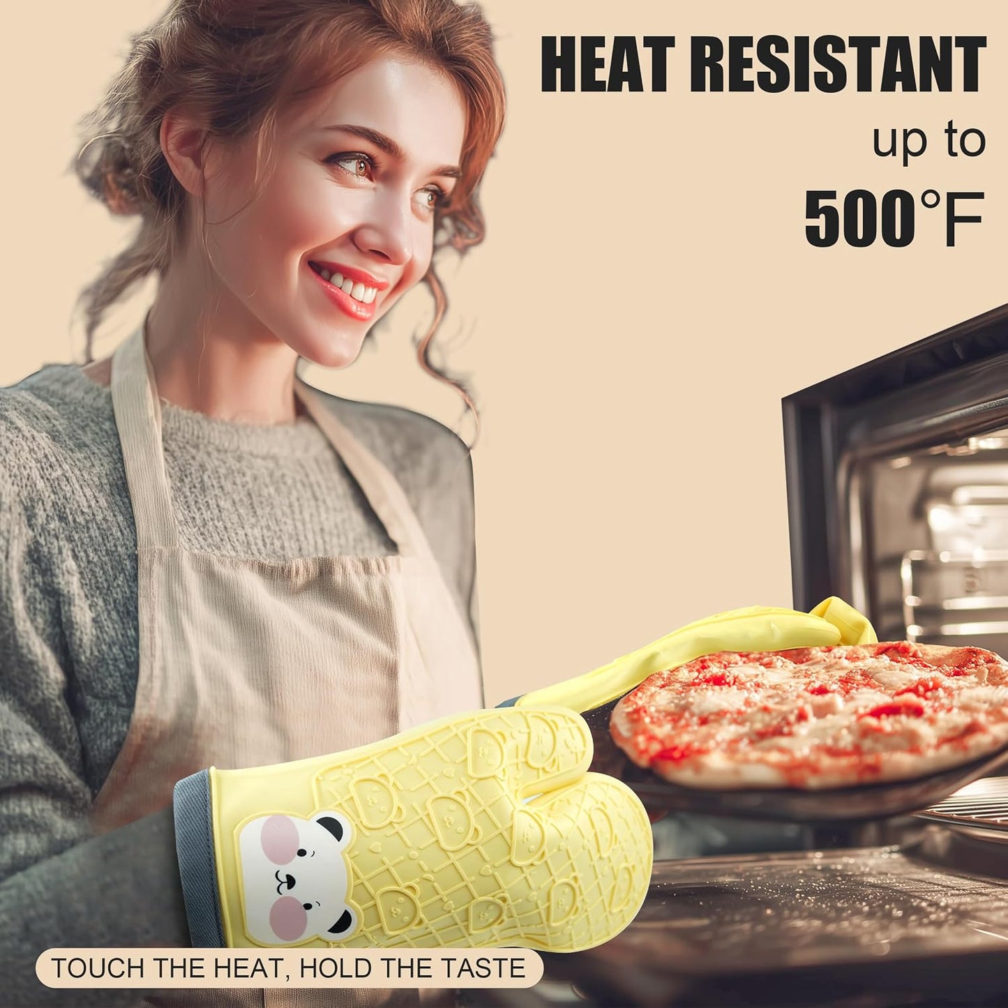 Silicone Oven Mitts Cute Bear - Non-Slip Kitchen Gloves for Baking & BBQ - Soft Cotton Lined, Waterproof & BPA-Free Potholders - Machine Washable & Heat Resistant up to 500°F - Yellow, 1 Pair