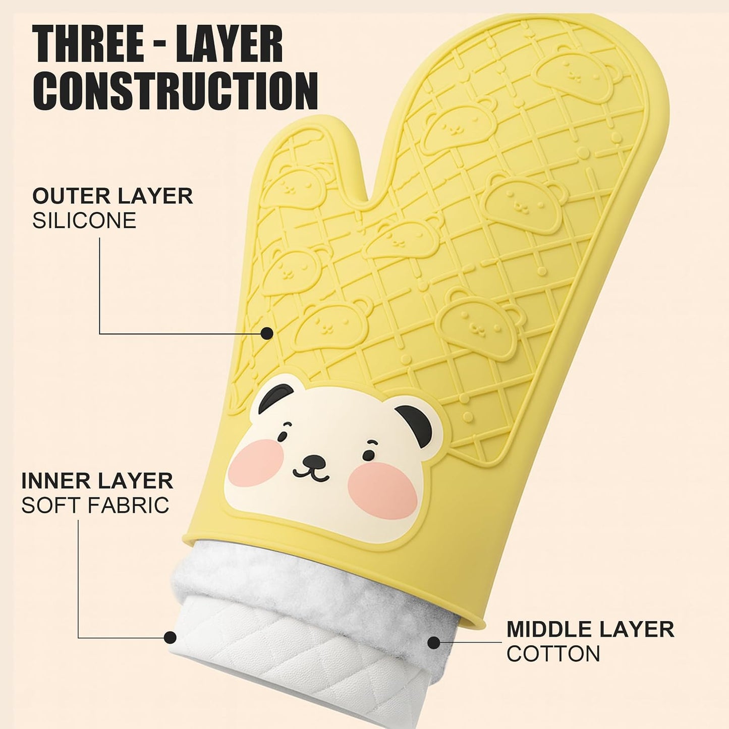 Silicone Oven Mitts Cute Bear - Non-Slip Kitchen Gloves for Baking & BBQ - Soft Cotton Lined, Waterproof & BPA-Free Potholders - Machine Washable & Heat Resistant up to 500°F - Yellow, 1 Pair