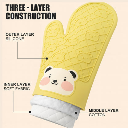 Silicone Oven Mitts Cute Bear - Non-Slip Kitchen Gloves for Baking & BBQ - Soft Cotton Lined, Waterproof & BPA-Free Potholders - Machine Washable & Heat Resistant up to 500°F - Yellow, 1 Pair
