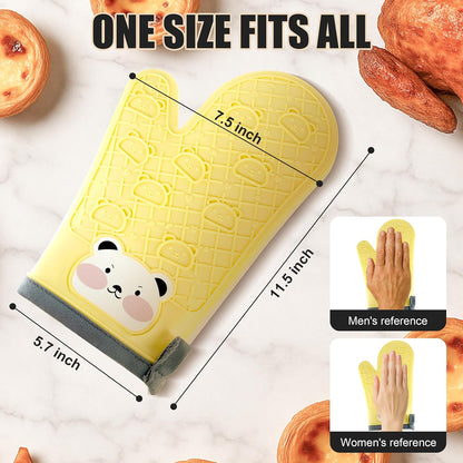 Silicone Oven Mitts Cute Bear - Non-Slip Kitchen Gloves for Baking & BBQ - Soft Cotton Lined, Waterproof & BPA-Free Potholders - Machine Washable & Heat Resistant up to 500°F - Yellow, 1 Pair