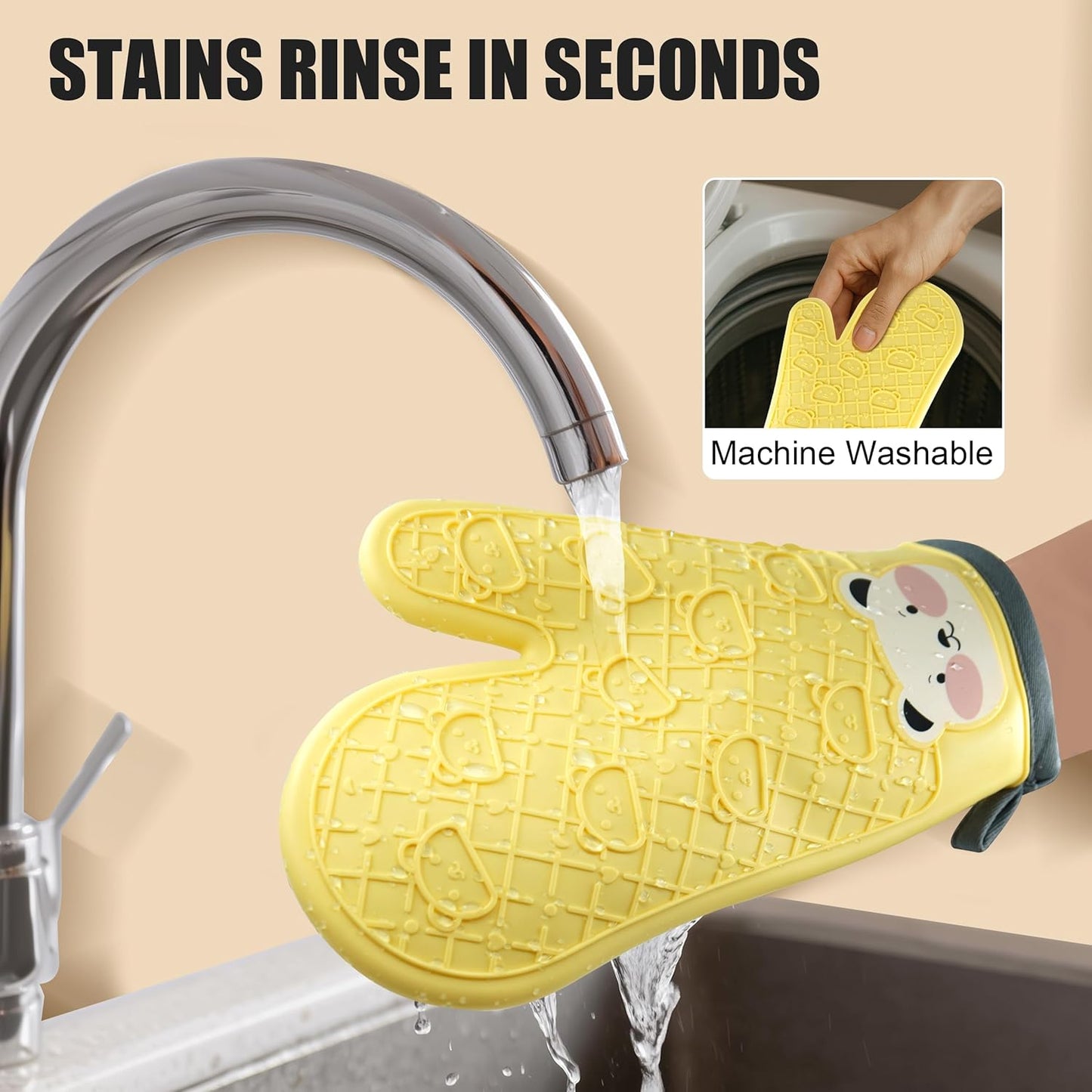 Silicone Oven Mitts Cute Bear - Non-Slip Kitchen Gloves for Baking & BBQ - Soft Cotton Lined, Waterproof & BPA-Free Potholders - Machine Washable & Heat Resistant up to 500°F - Yellow, 1 Pair