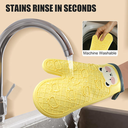 Silicone Oven Mitts Cute Bear - Non-Slip Kitchen Gloves for Baking & BBQ - Soft Cotton Lined, Waterproof & BPA-Free Potholders - Machine Washable & Heat Resistant up to 500°F - Yellow, 1 Pair