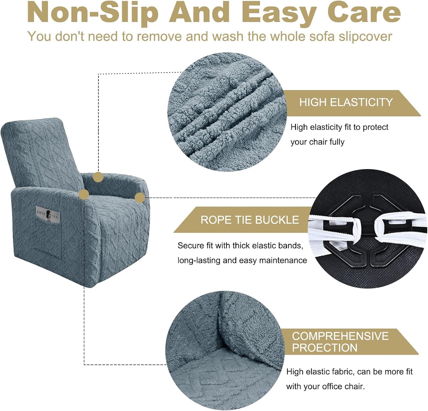 Recliner Chair Covers Small Lazy Boy Reclining Slipcover,BlueGray | 4 Pieces Stretch Plush Small Recliner Sofa Slipcover with Pocket,Pets Friendly,Furniture Protector for Living Room