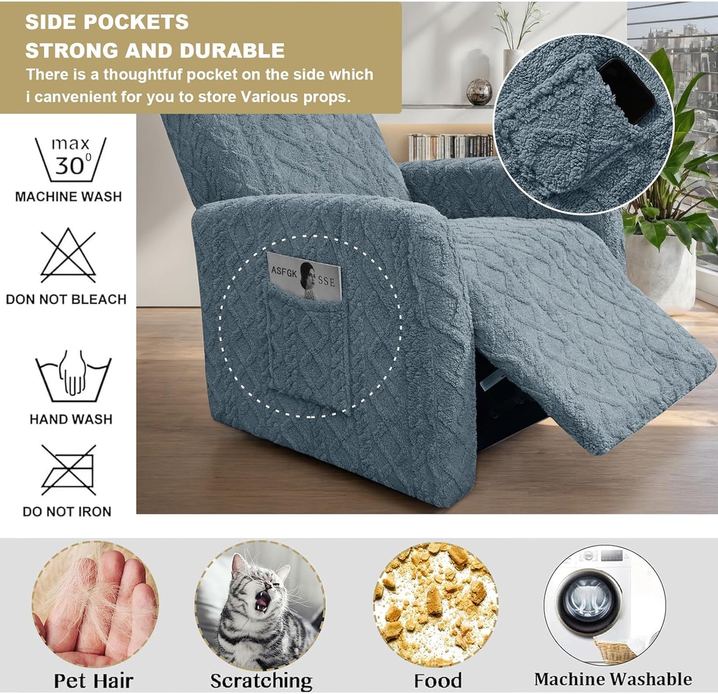 Recliner Chair Covers Small Lazy Boy Reclining Slipcover,BlueGray | 4 Pieces Stretch Plush Small Recliner Sofa Slipcover with Pocket,Pets Friendly,Furniture Protector for Living Room