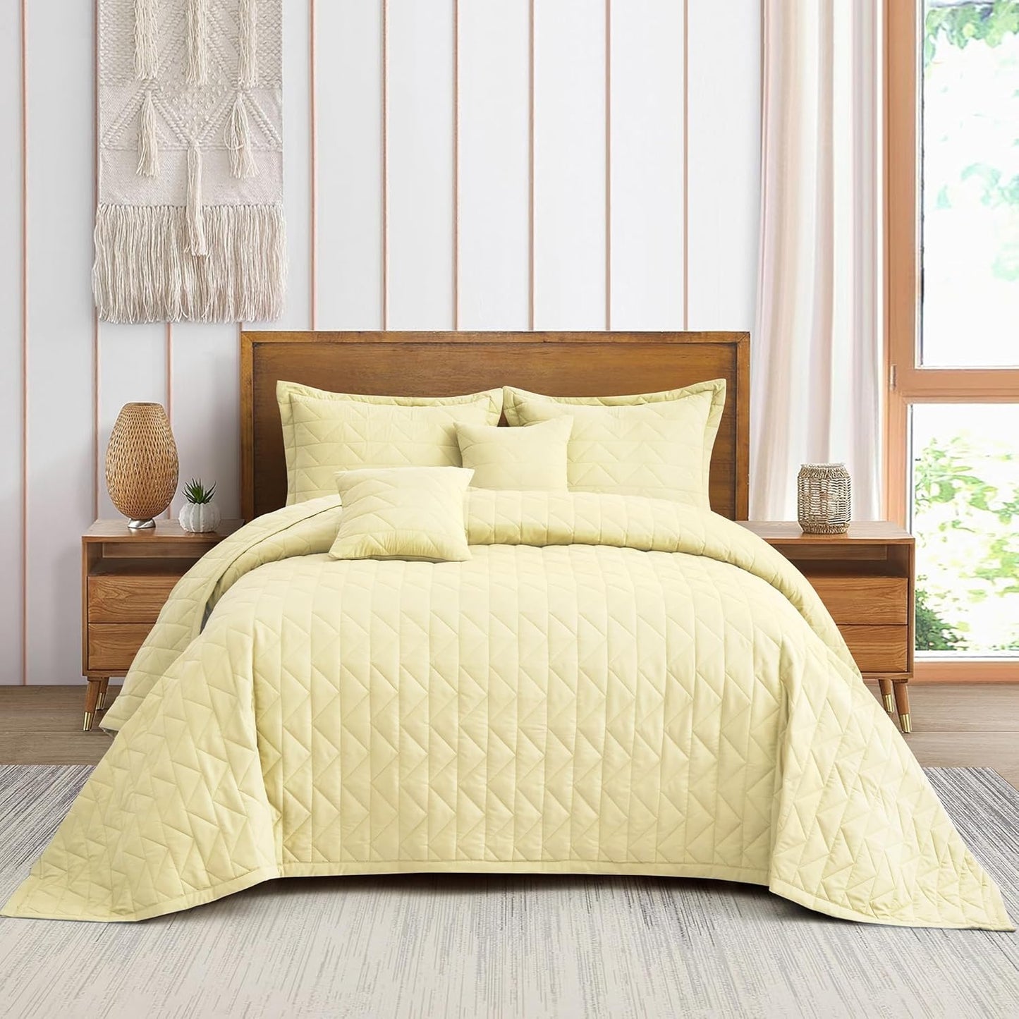 Oversized King Bedspread 128x120 Extra Wide, Geometric Diamond Stitched Quilt Set King/Cal King, Lightweight Reversible Coverlet, Straight Edge - Soft Modern Look, 5 Piece, Ivory Yellow