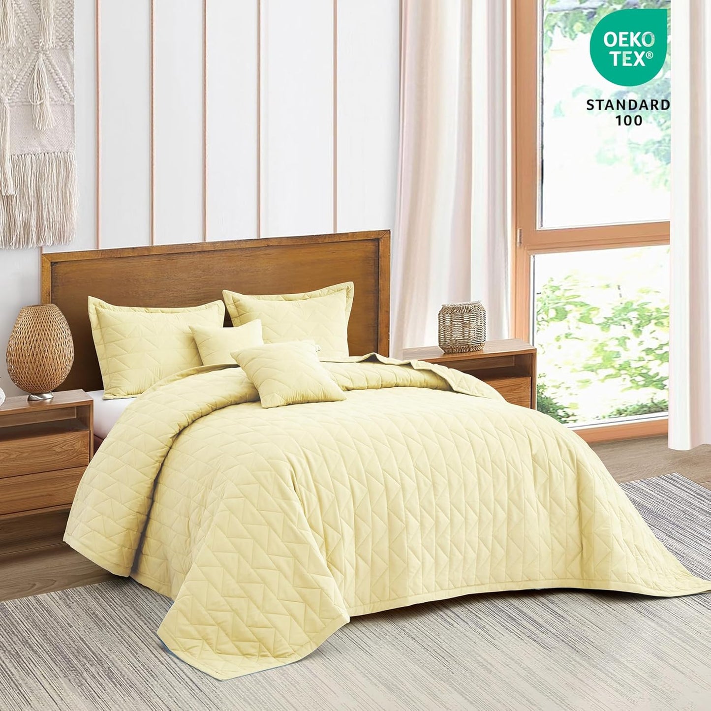 Oversized King Bedspread 128x120 Extra Wide, Geometric Diamond Stitched Quilt Set King/Cal King, Lightweight Reversible Coverlet, Straight Edge - Soft Modern Look, 5 Piece, Ivory Yellow