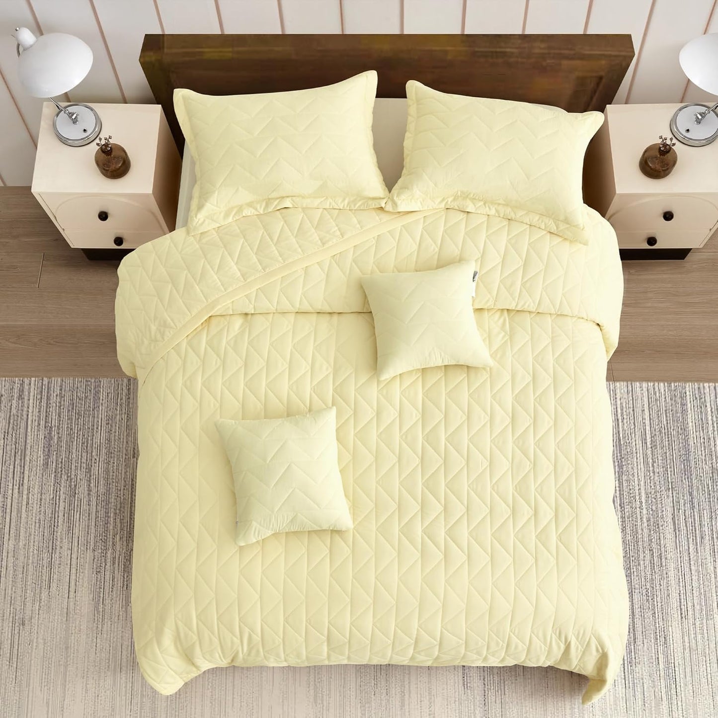 Oversized King Bedspread 128x120 Extra Wide, Geometric Diamond Stitched Quilt Set King/Cal King, Lightweight Reversible Coverlet, Straight Edge - Soft Modern Look, 5 Piece, Ivory Yellow