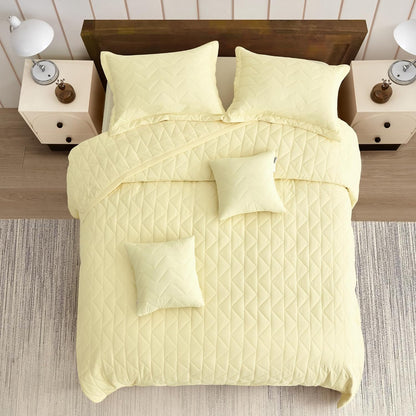 Oversized King Bedspread 128x120 Extra Wide, Geometric Diamond Stitched Quilt Set King/Cal King, Lightweight Reversible Coverlet, Straight Edge - Soft Modern Look, 5 Piece, Ivory Yellow