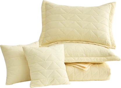 Oversized King Bedspread 128x120 Extra Wide, Geometric Diamond Stitched Quilt Set King/Cal King, Lightweight Reversible Coverlet, Straight Edge - Soft Modern Look, 5 Piece, Ivory Yellow
