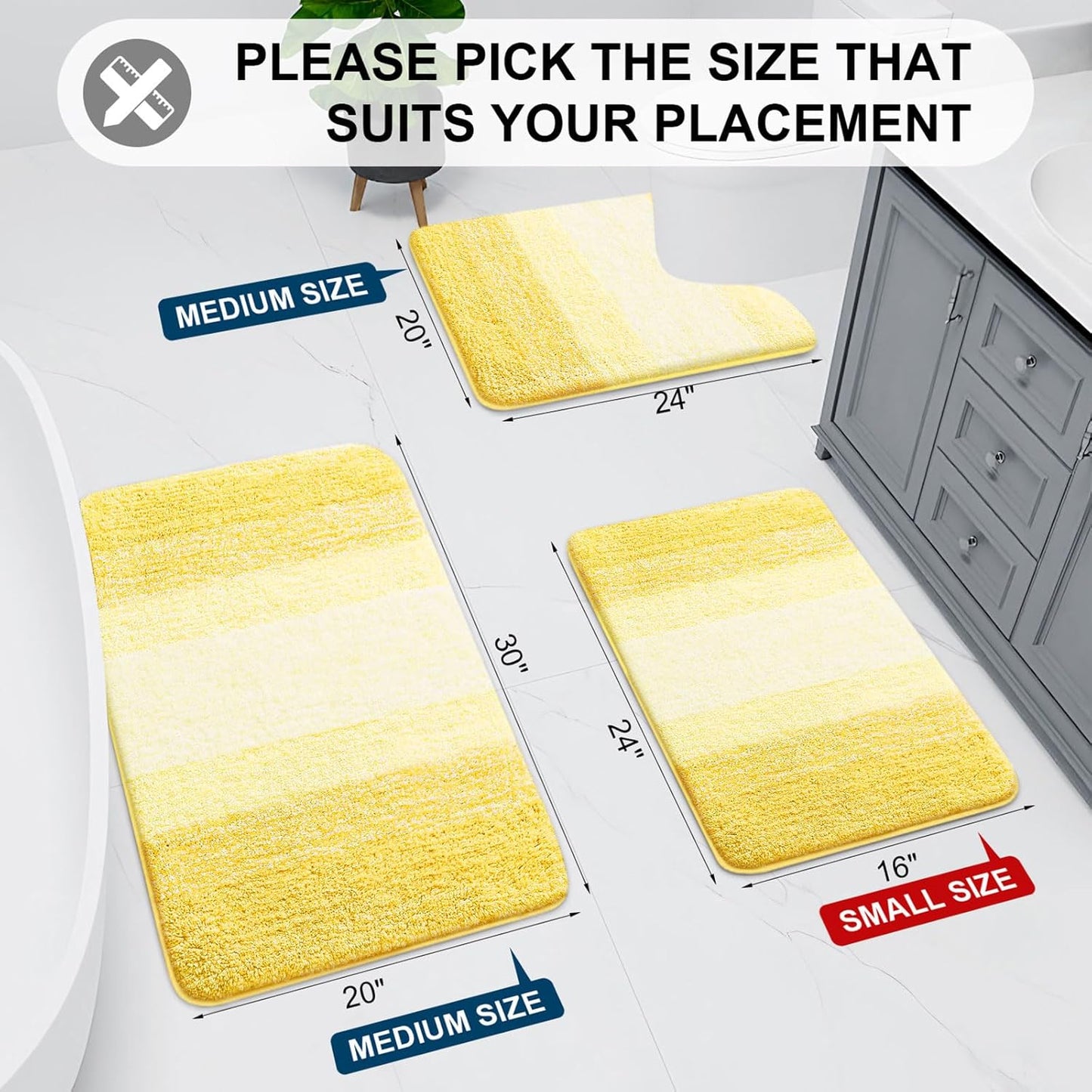 Bathroom Rugs Sets 2 Piece, Soft Absorbent Microfiber Bath Mats and U-Shaped Contour Toilet Rug, Machine Washable Dry Bath Mats for Bathroom, 24x16 and 24x20, Yellow