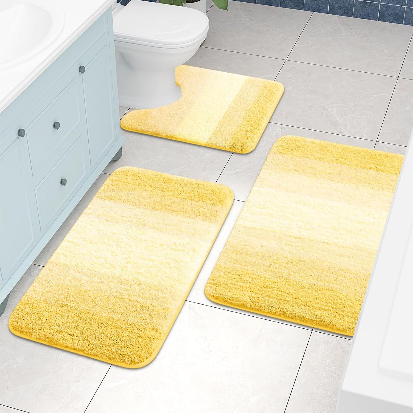 Bathroom Rugs Sets 2 Piece, Soft Absorbent Microfiber Bath Mats and U-Shaped Contour Toilet Rug, Machine Washable Dry Bath Mats for Bathroom, 24x16 and 24x20, Yellow