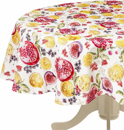 European Lemon Citrus Fruits Berries Pattern, Polyester Woven Printed Fabric, Multi, 70 inch Round, Seats 4 to 6 People, Tablecloths